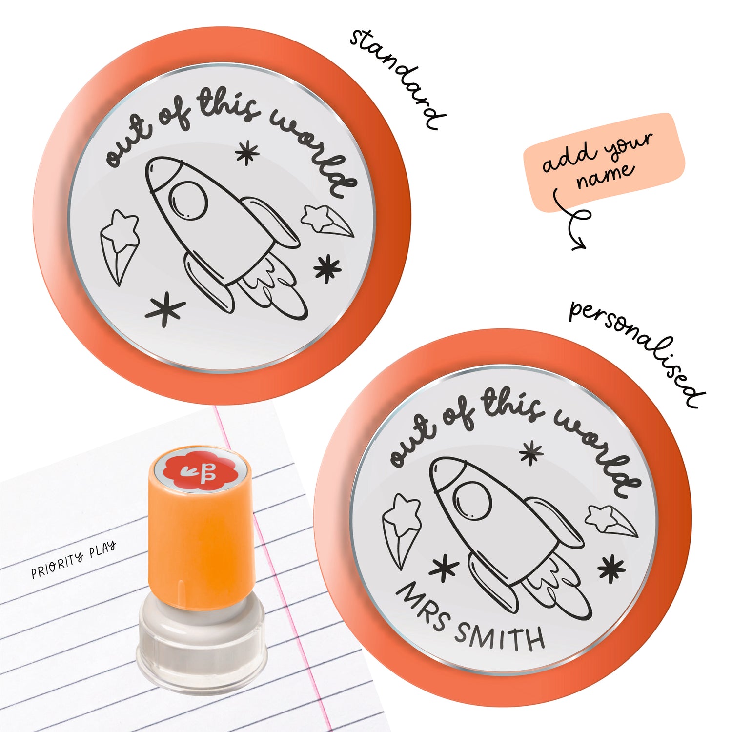 A personalised rocket-themed teacher stamp with space to add a teacher’s name.
