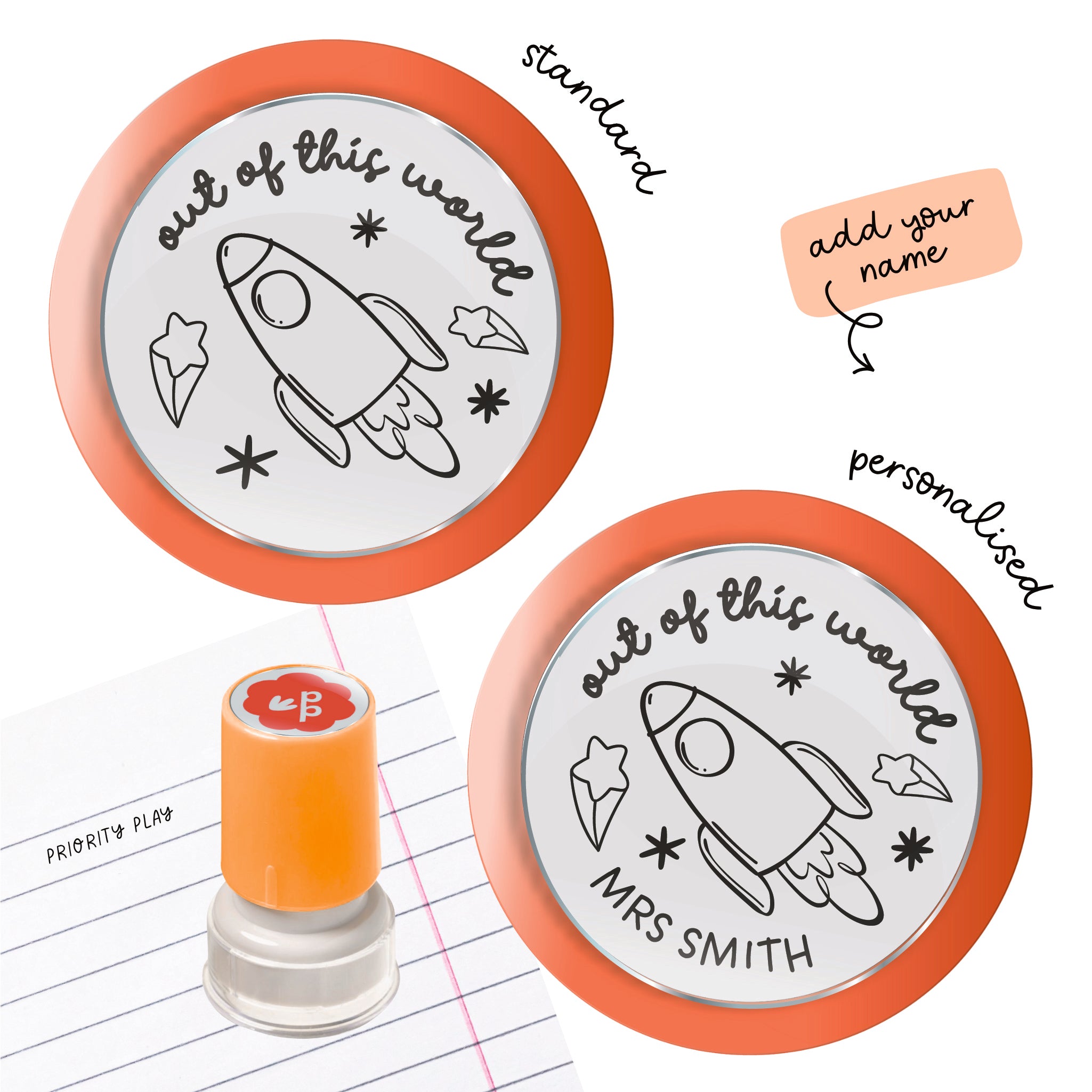 A personalised rocket-themed teacher stamp with space to add a teacher’s name.
