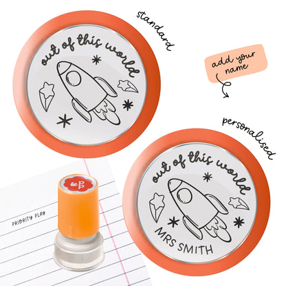A personalised rocket-themed teacher stamp with space to add a teacher’s name.
