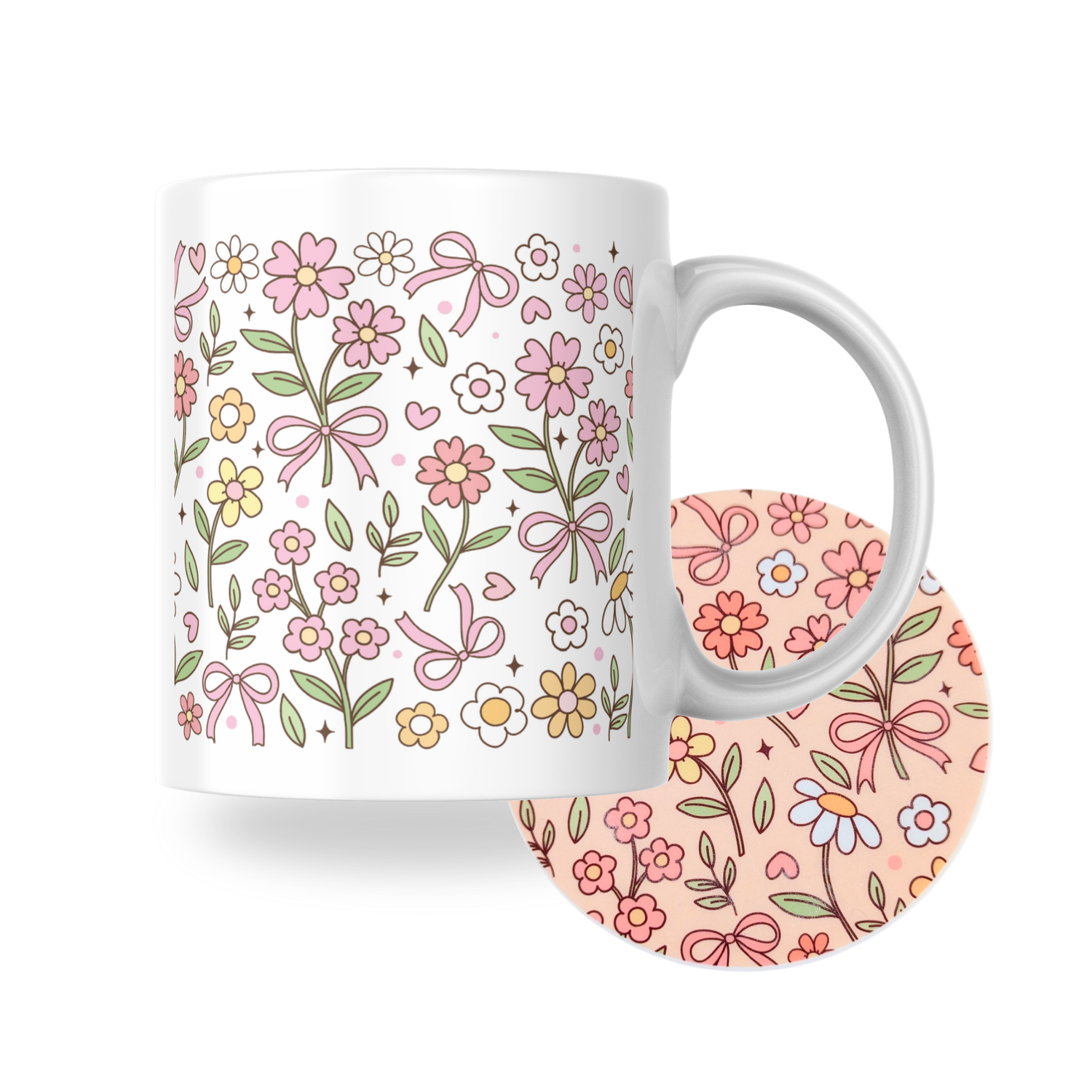 Pastel floral bouquet mug and coaster set with hand-drawn flowers, hearts, and bows in soft pink and yellow tones — a cute botanical design by Priority Play.