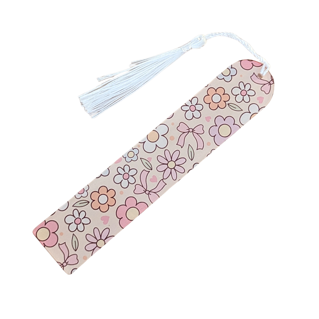 Handmade acrylic bookmark with pastel floral and bow design, finished with white tassel.
