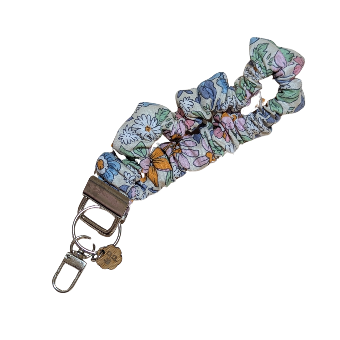 Pastel floral handmade scrunchie wristlet keychain — soft and colorful accessory for teachers or friends.