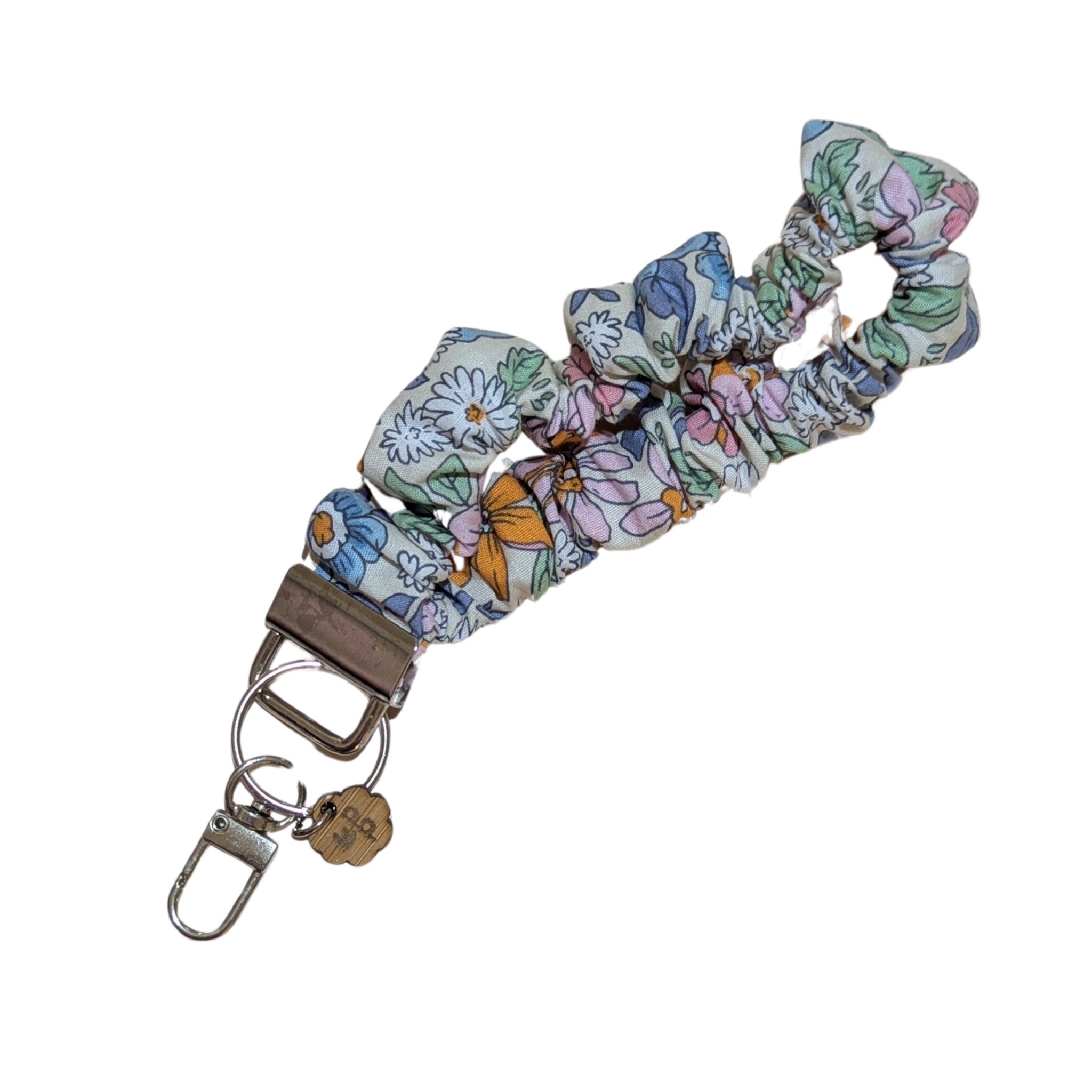 Pastel floral handmade scrunchie wristlet keychain — soft and colorful accessory for teachers or friends.