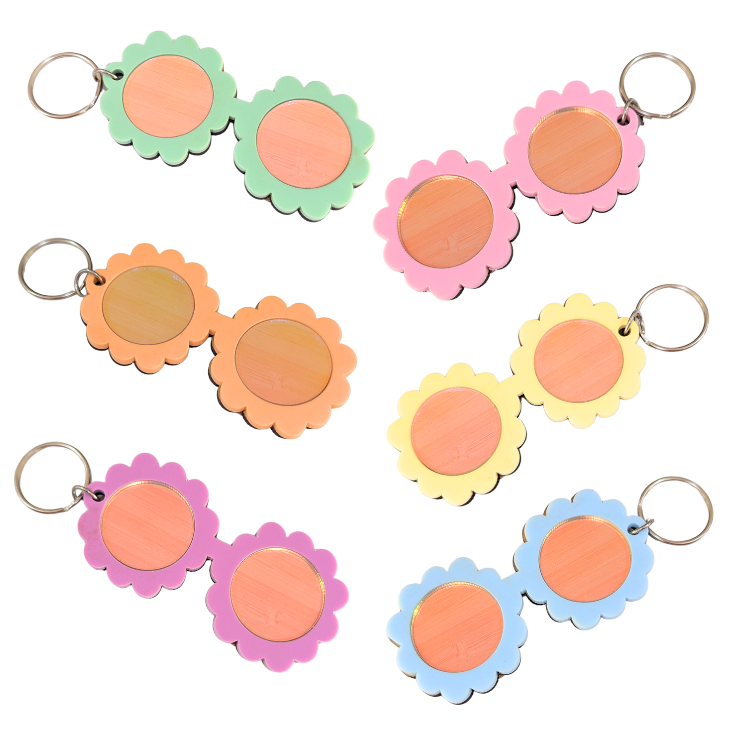 Pastel flower sunglasses keyrings in yellow, pink, mint green, blue, orange, and purple with high-quality bamboo backing and silver keyring attachments.