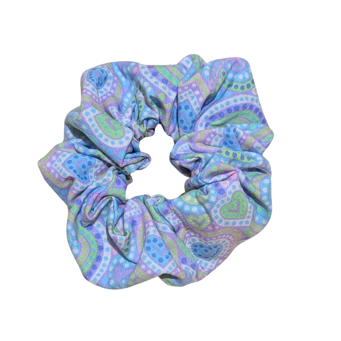 Handmade pastel scrunchie with heart pattern in blue, green, and purple