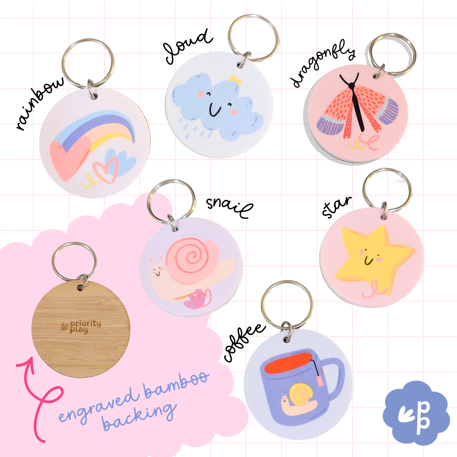 Set of pastel key tags by Priority Play showing snail, star, cloud, rainbow, coffee cup and dragonfly designs with labelled tags and engraved bamboo backing.”