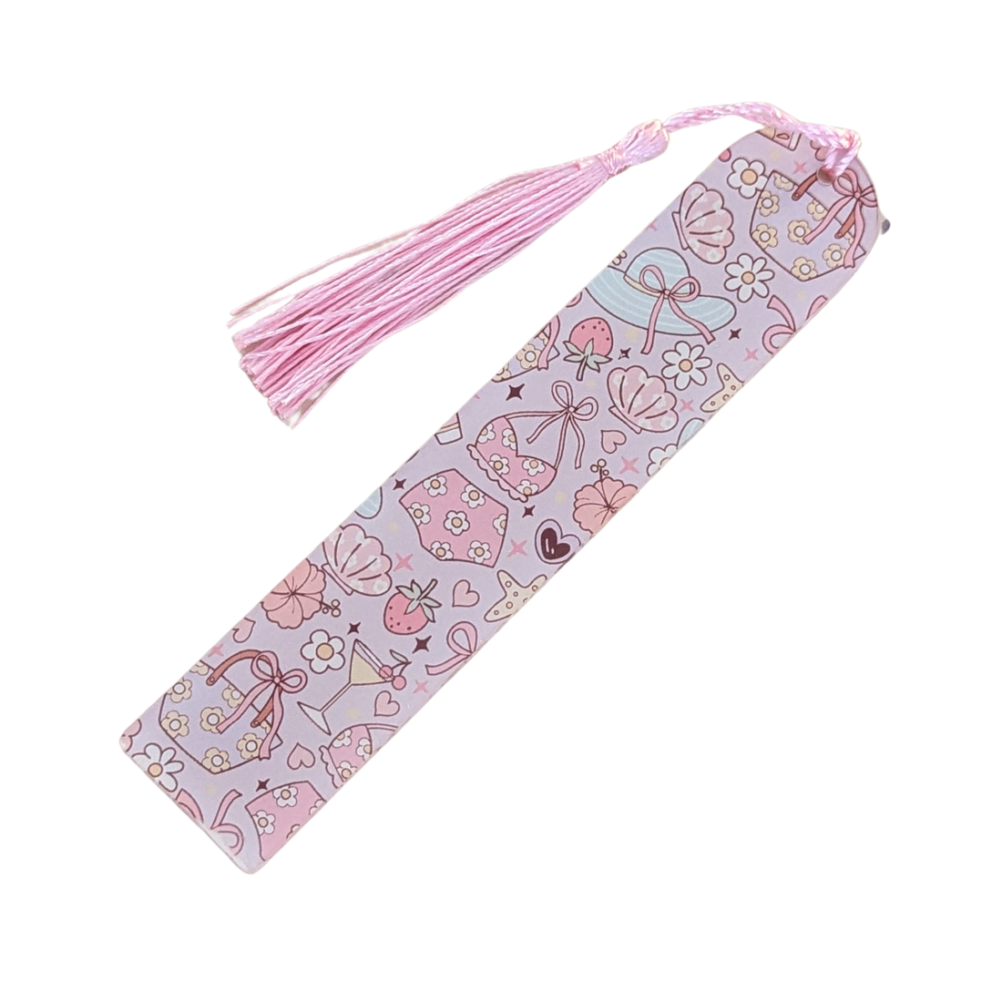 Handmade acrylic bookmark with pastel party icons like dresses, strawberries, and martini glasses with pink tassel.
