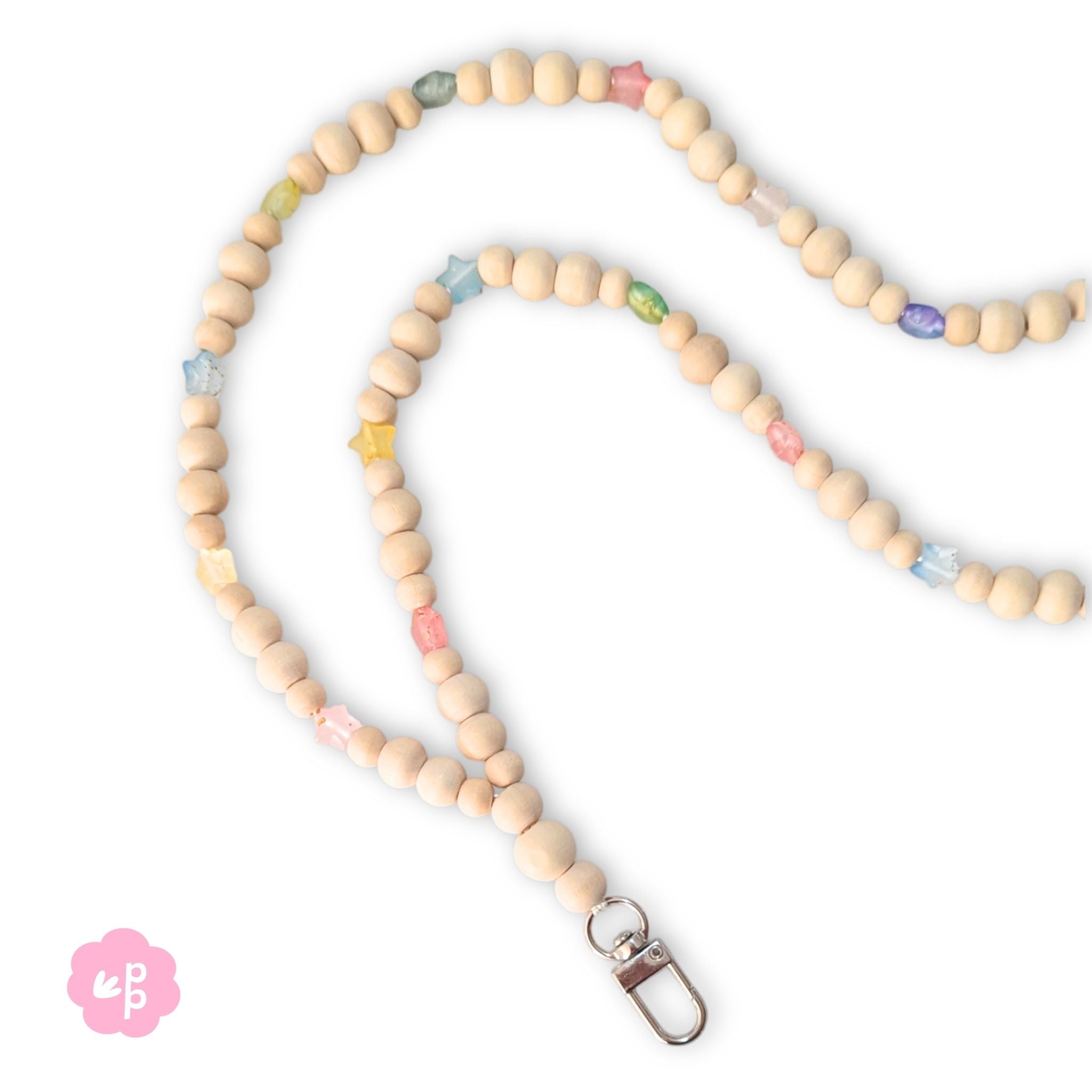 Handmade teacher lanyard with natural wood beads and soft pastel star accents