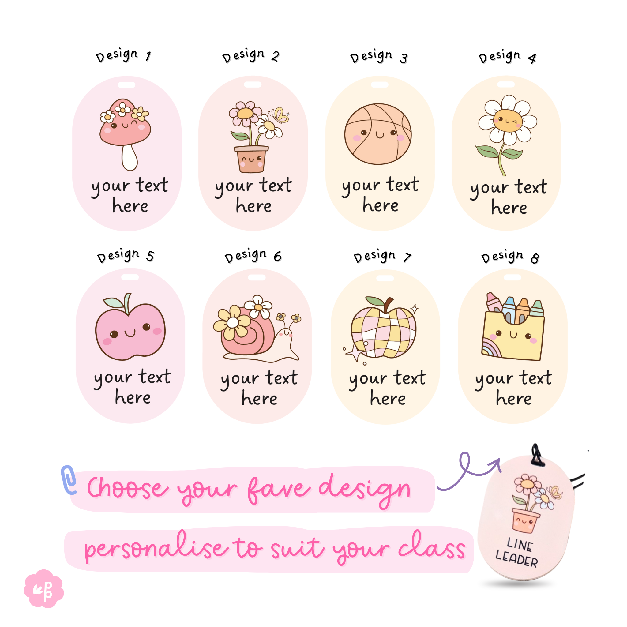 Set of eight customizable design templates with text placeholders on a white background.