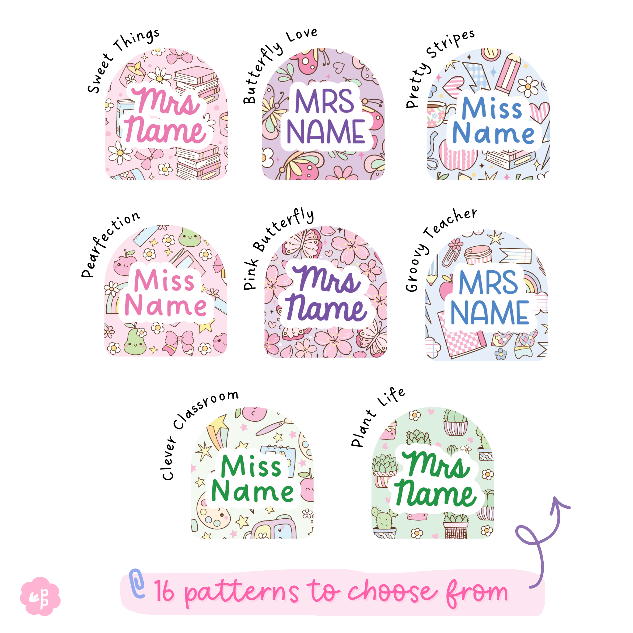 8 patterns with assorted teacher stationery and cute designs for personalised lanyards