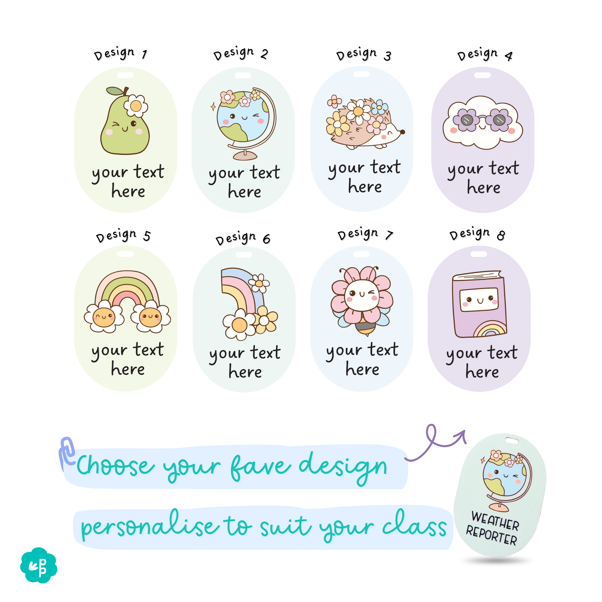 Set of 8 personalised designs for classroom lanyards.