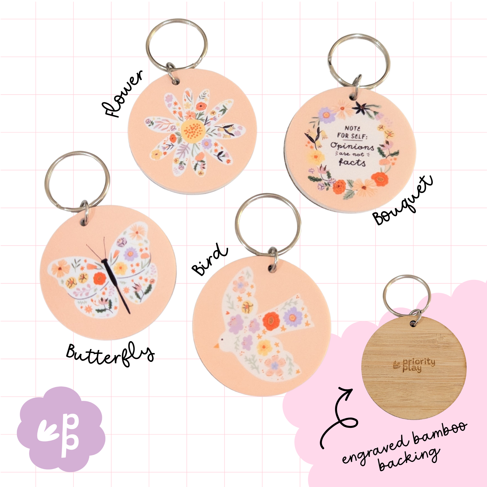 Peach-toned floral keyring set featuring butterfly, flower, bird, and quote designs with engraved bamboo backs.
