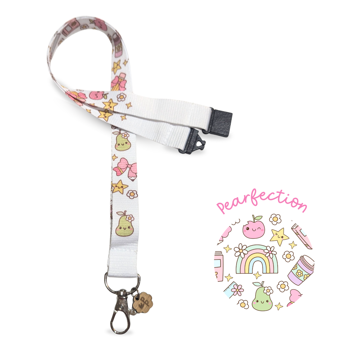 Teacher Lanyard with cartoon fruits and bows and star design on a white background.