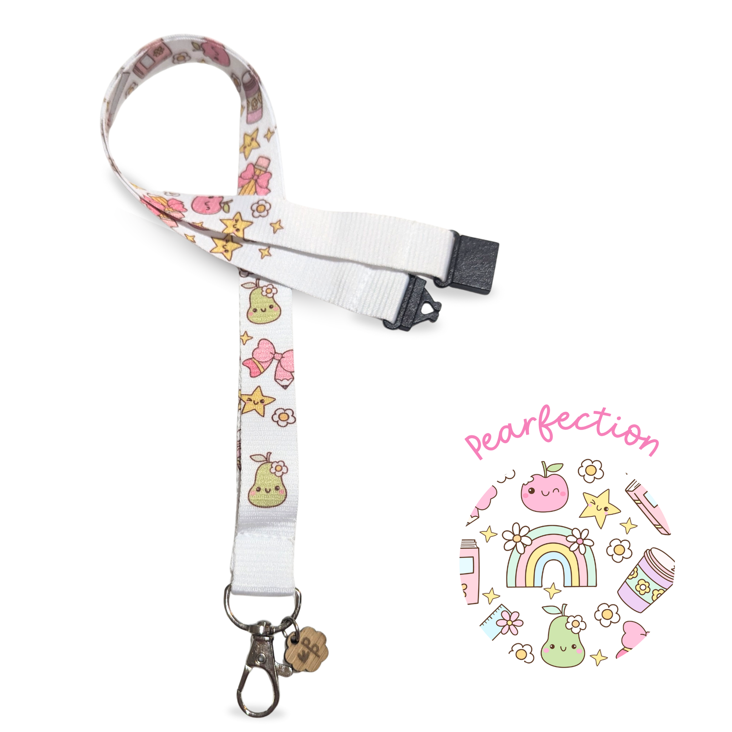 Teacher Lanyard with cartoon fruits and bows and star design on a white background.