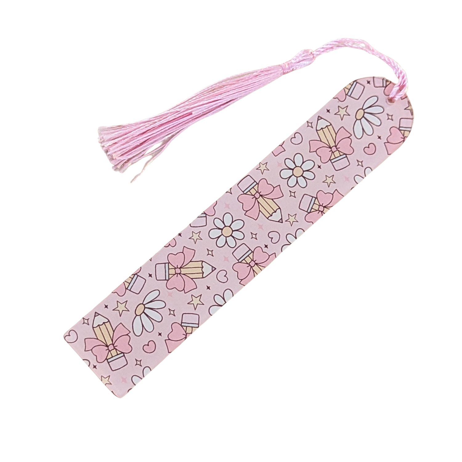 Handmade acrylic bookmark decorated with pencils, daisies, and pink bows with pink tassel.