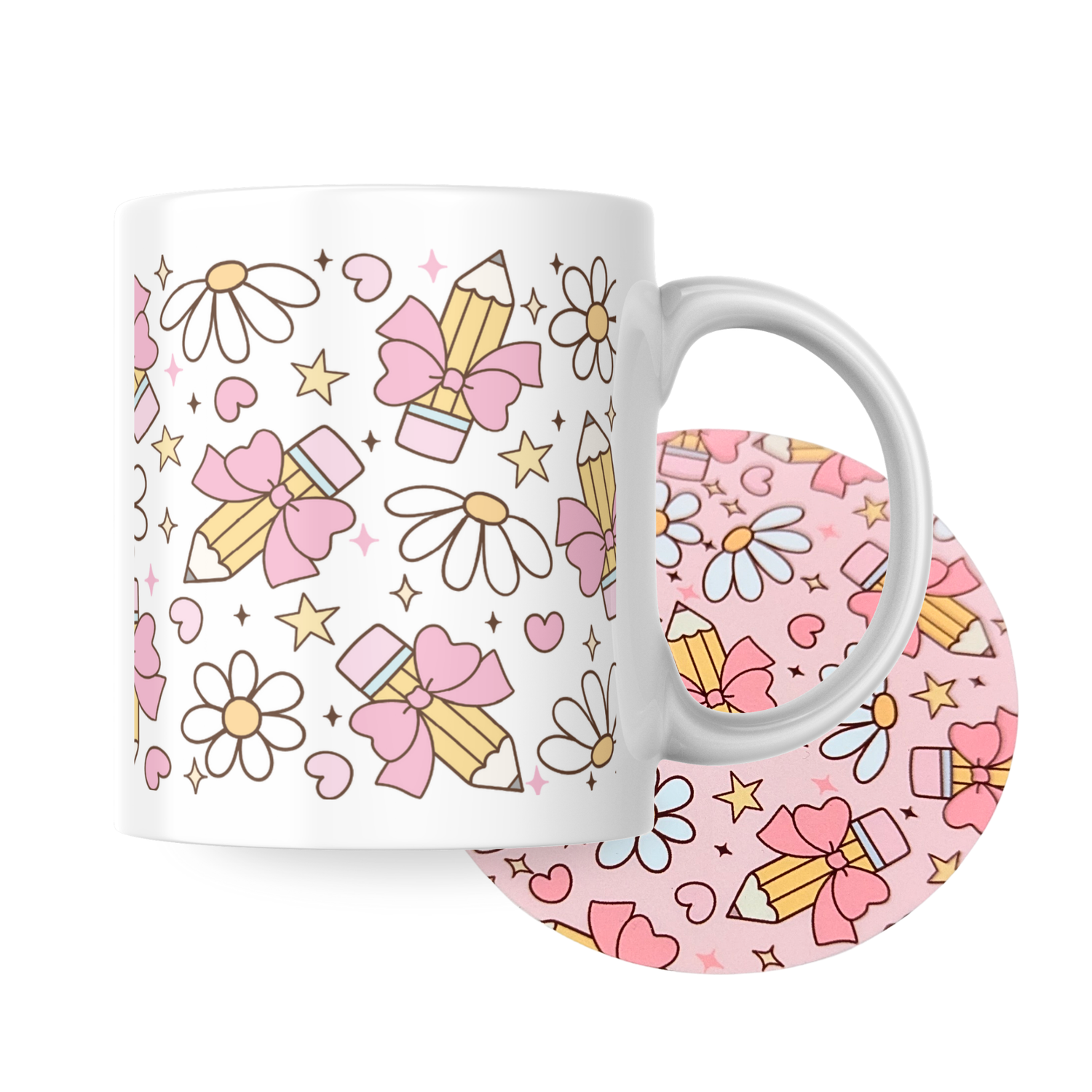 Cute pencil and daisy ceramic mug and coaster set in pastel pink and yellow tones from Priority Play.