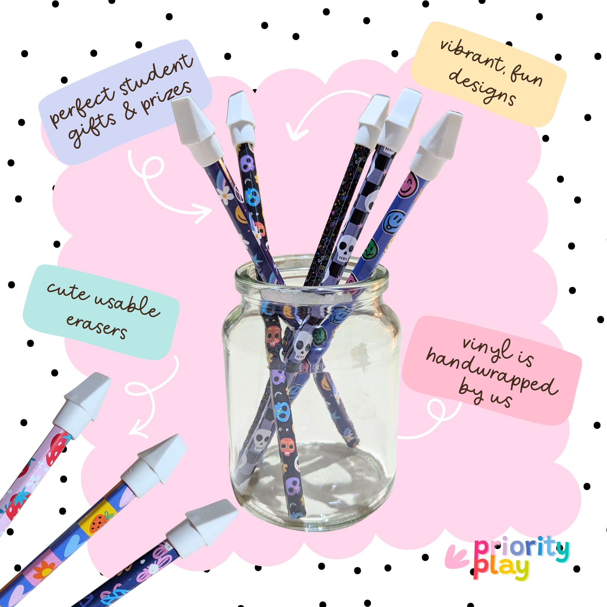 Colorful pencils in a glass jar with promotional text on a polka dot background