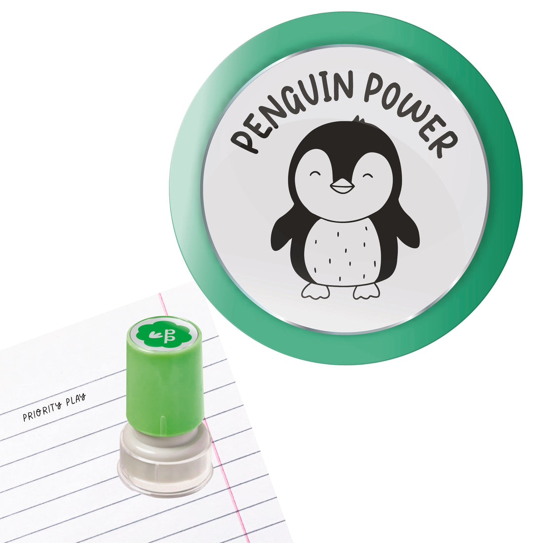 A smiling penguin illustration with the words “penguin power” on a circular teacher stamp.
