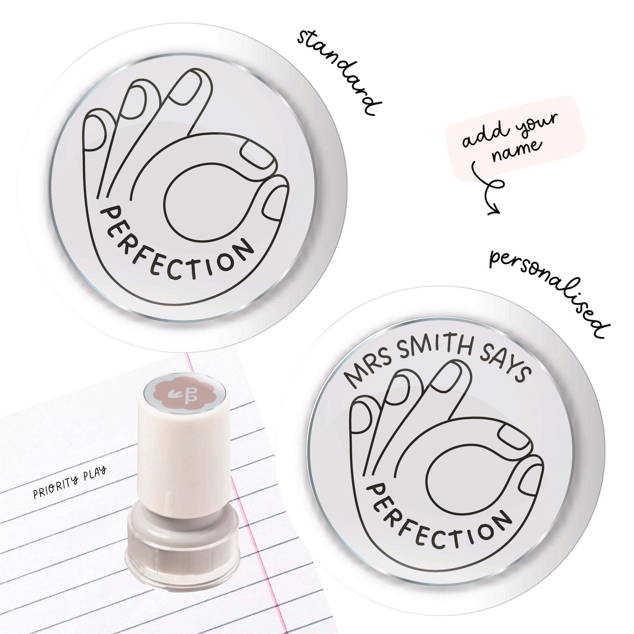 Perfection teacher stamp with an ‘OK’ hand illustration and curved ‘Perfection’ text — standard and personalised options
