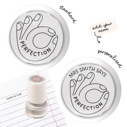 Perfection teacher stamp with an ‘OK’ hand illustration and curved ‘Perfection’ text — standard and personalised options