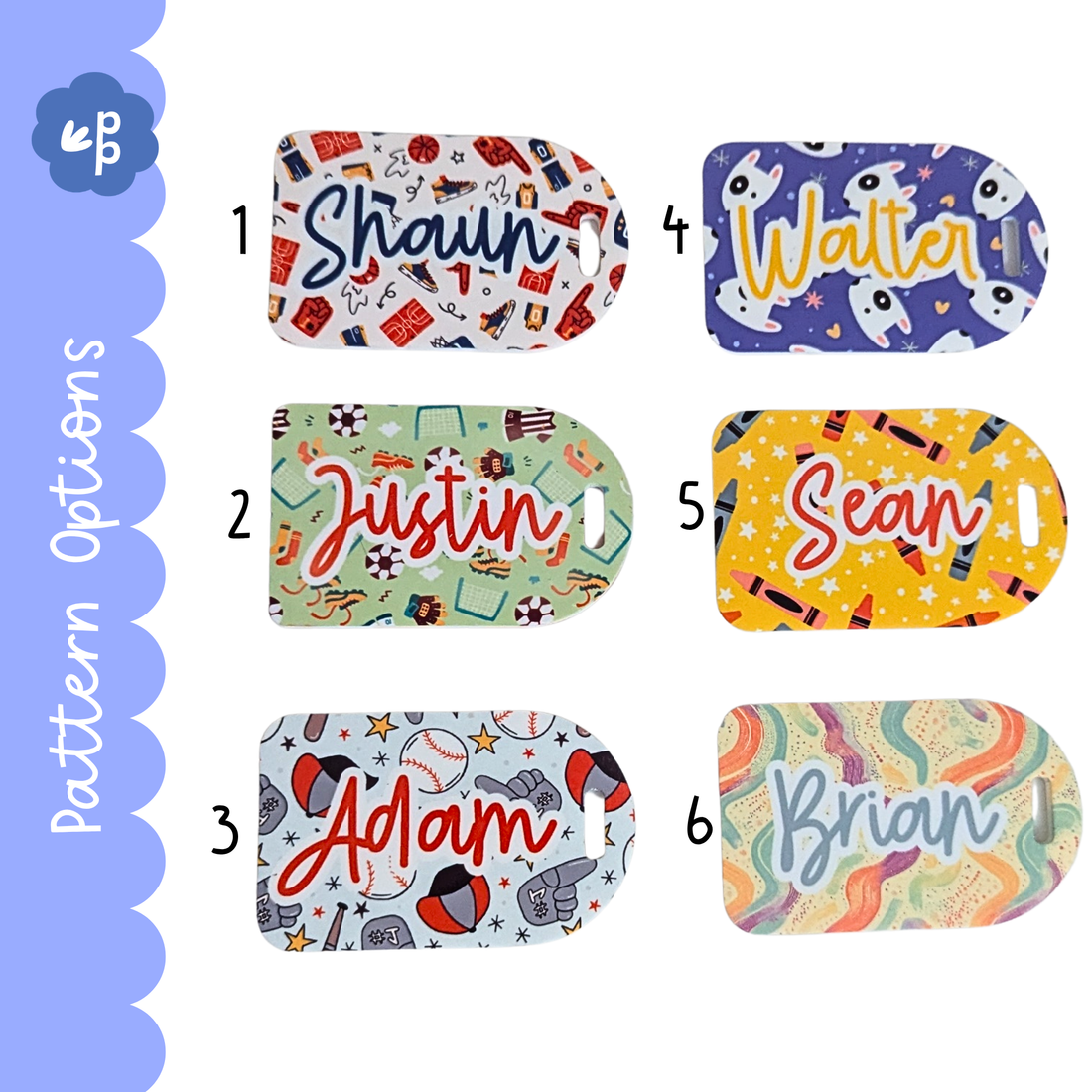 Personalised bag tag pattern options with bold bright designs including sports and fun patterns set 1 by Priority Play