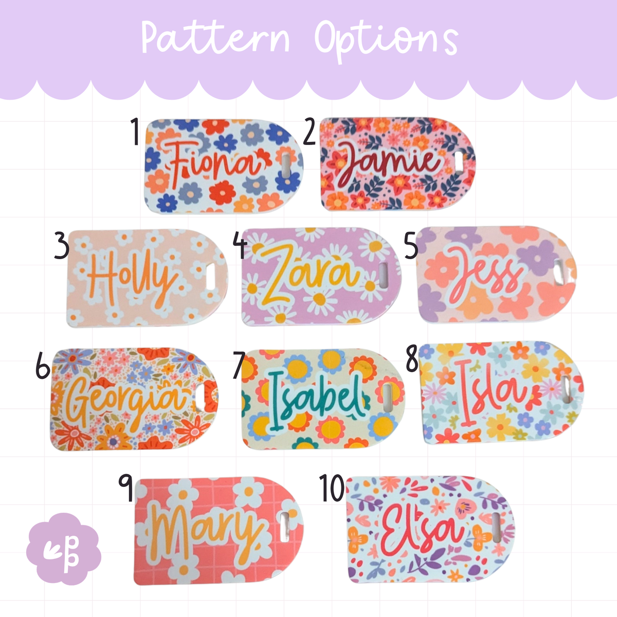 Personalised bag tag pattern options featuring floral and cute pastel designs set 1 by Priority Play
