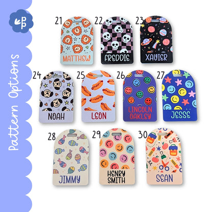 Personalised bag tag pattern options for kids featuring lions, skulls, space, smiley faces and fish designs, custom name tags by Priority Play