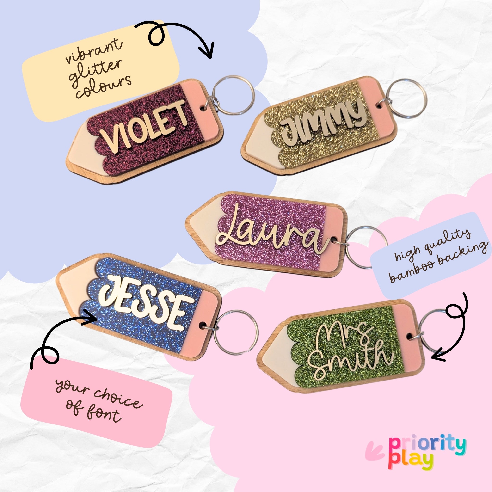 Personalised glitter keyrings with custom names, vibrant colours, bamboo backing and font choice options for teachers