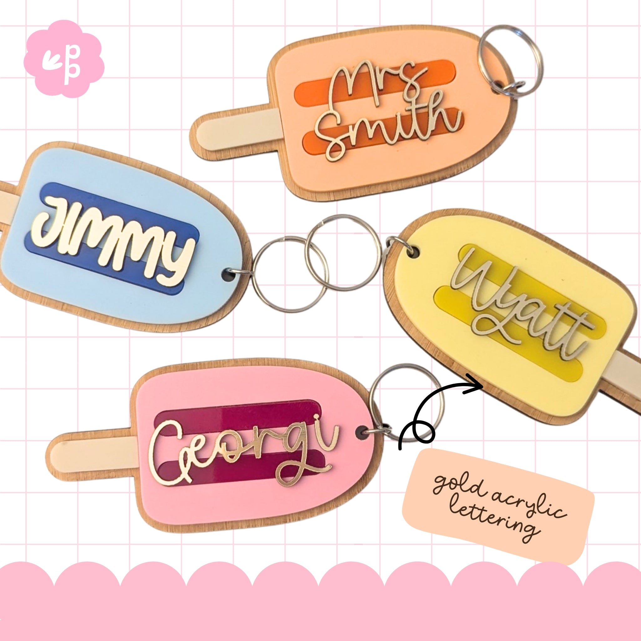 Custom name keychains for teachers with pastel acrylic colours, bamboo backing and gold lettering, perfect personalised gift idea