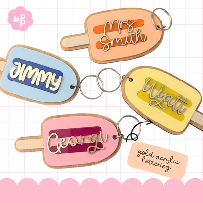 Custom name keychains for teachers with pastel acrylic colours, bamboo backing and gold lettering, perfect personalised gift idea