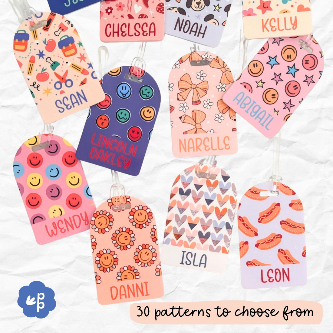 Colorful name tags with various patterns and names on a white background
