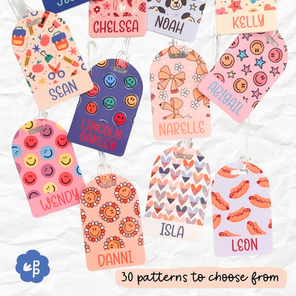 Colorful name tags with various patterns and names on a white background