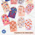 Colorful name tags with various patterns and names on a white background