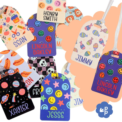 Personalised kids bag tags with colourful fun patterns including space, smiley faces and food designs, custom name luggage tags by Priority Play