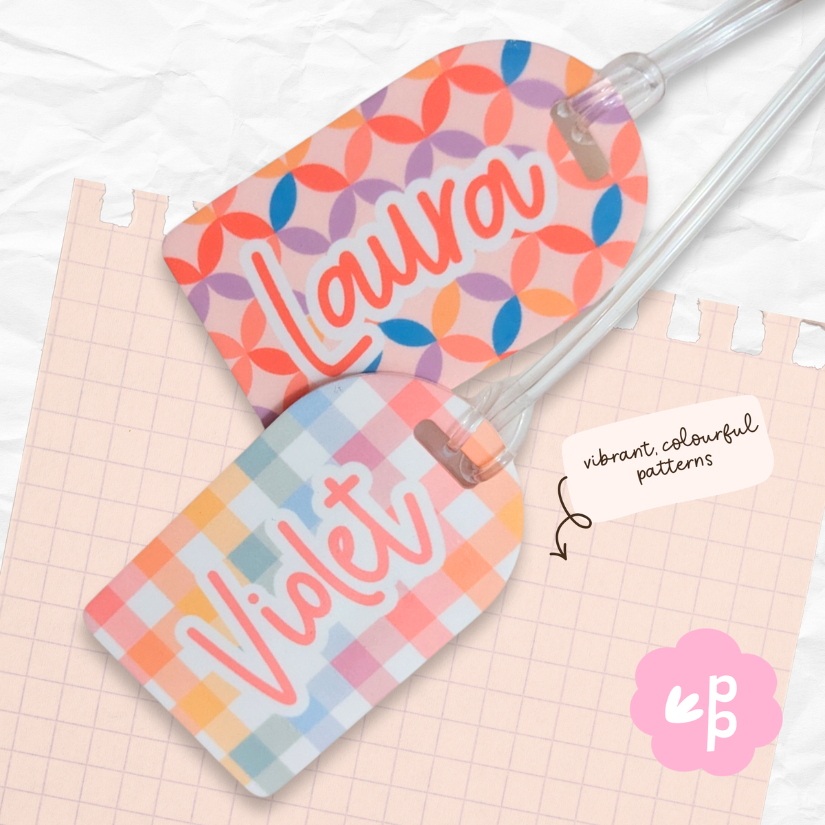Personalised kids bag tags with pastel girly patterns including colourful check and abstract designs with custom names by Priority Play