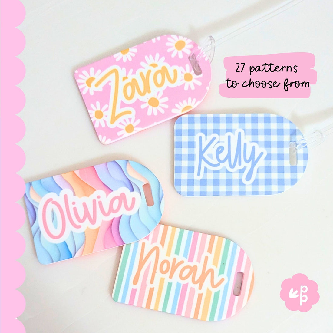 Personalized luggage tags with names and colorful patterns on a light background
