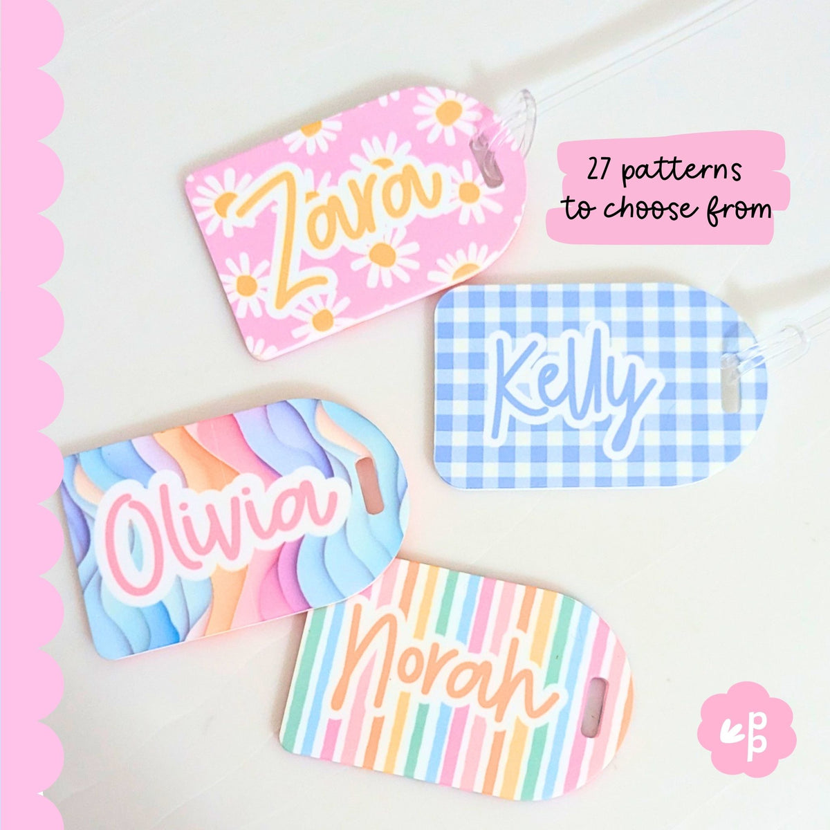 Personalized luggage tags with names and colorful patterns on a light background