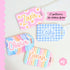 Personalized luggage tags with names and colorful patterns on a light background