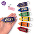 Personalised crayon name keyring with bamboo backing and colourful acrylic design, custom name in gold lettering, perfect for teachers, students and school bags