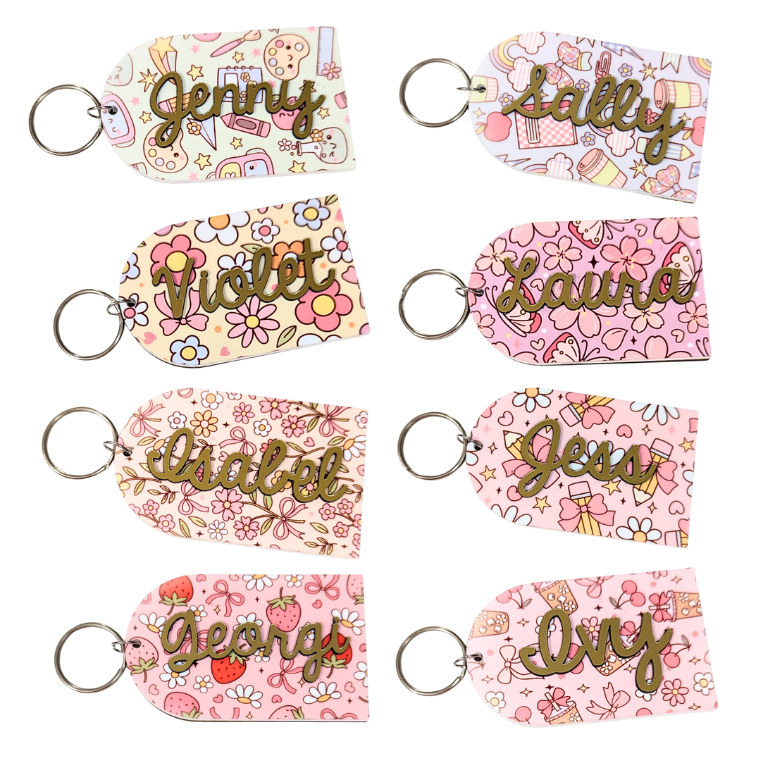 Personalised teacher keyrings with gold name cutouts on colourful floral and pastel patterns, ideal teacher or student gift by Priority Play