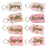Personalised teacher keyrings with gold name cutouts on colourful floral and pastel patterns, ideal teacher or student gift by Priority Play
