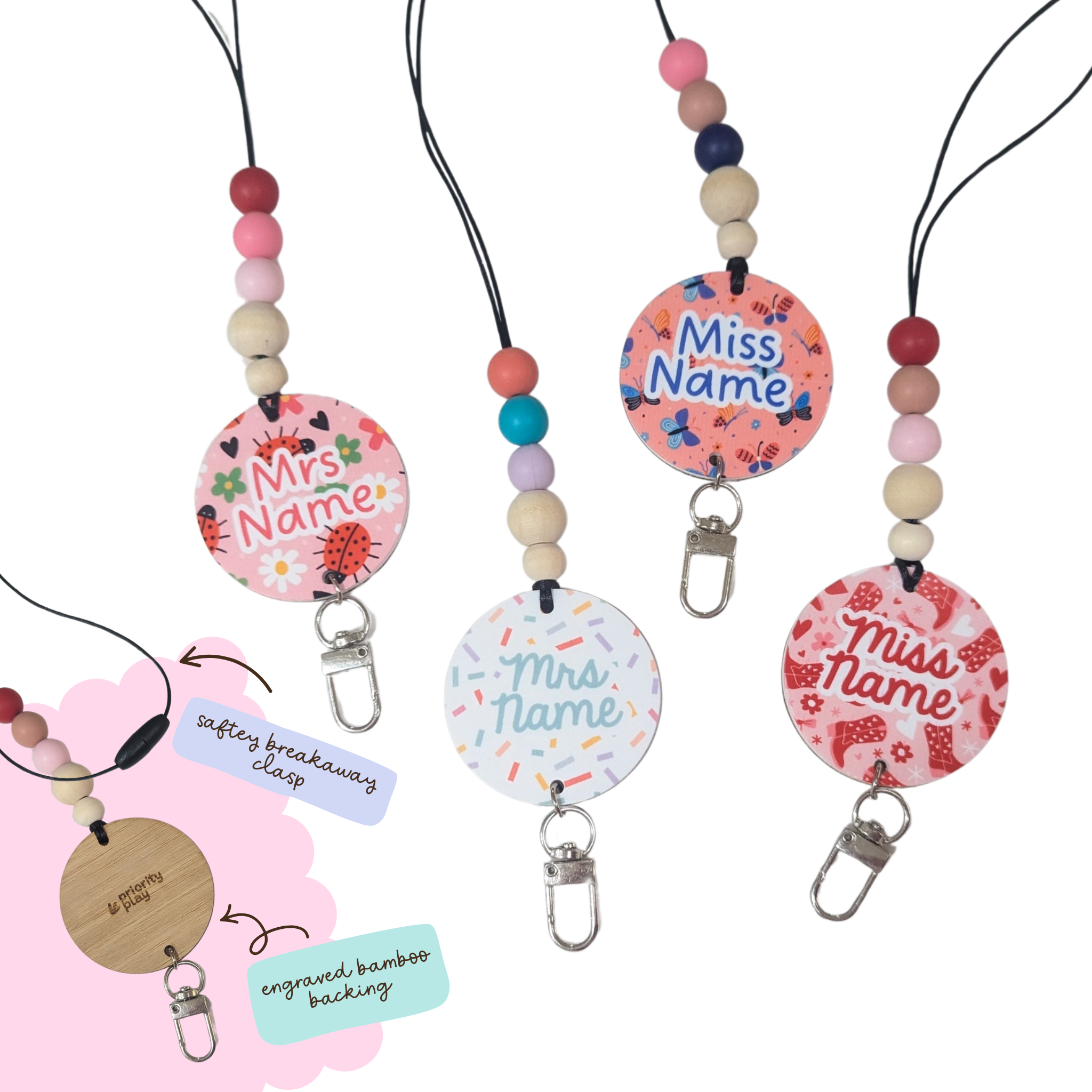 Personalised teacher lanyard with ladybug and floral patterns, custom name tag and colourful silicone beads with engraved bamboo backing