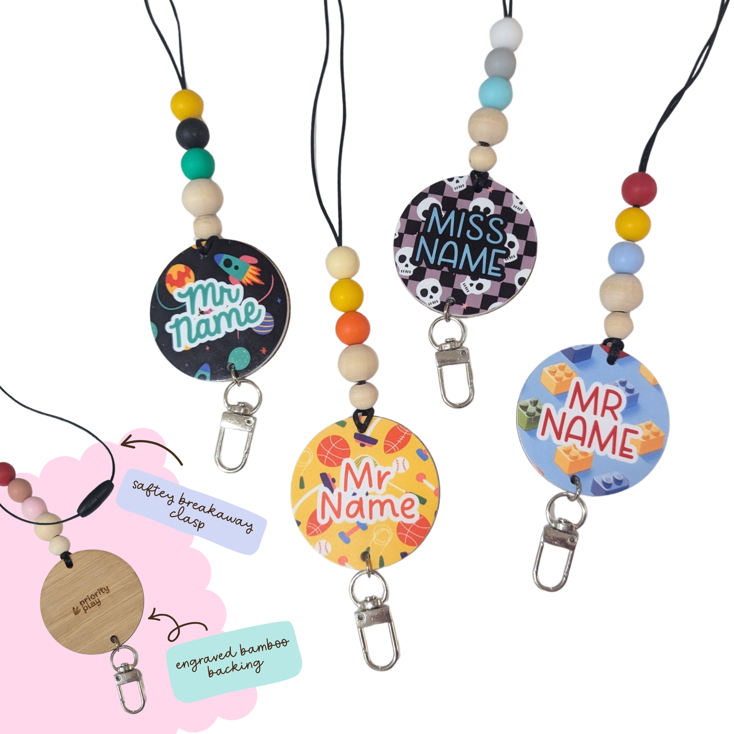 Personalised teacher lanyards for men with space, sports, and skull designs, featuring custom name tags and wooden bead accents