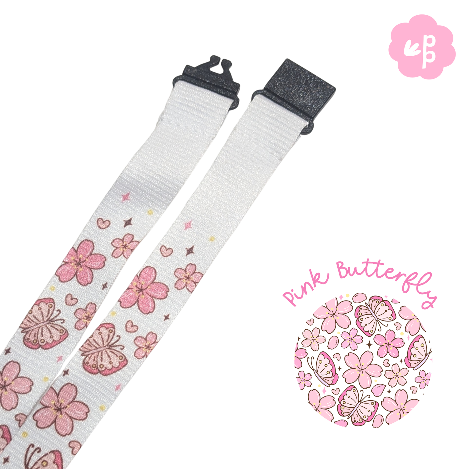 Floral-patterned teacher lanyard with pink butterflies on a white background, featuring the brand &