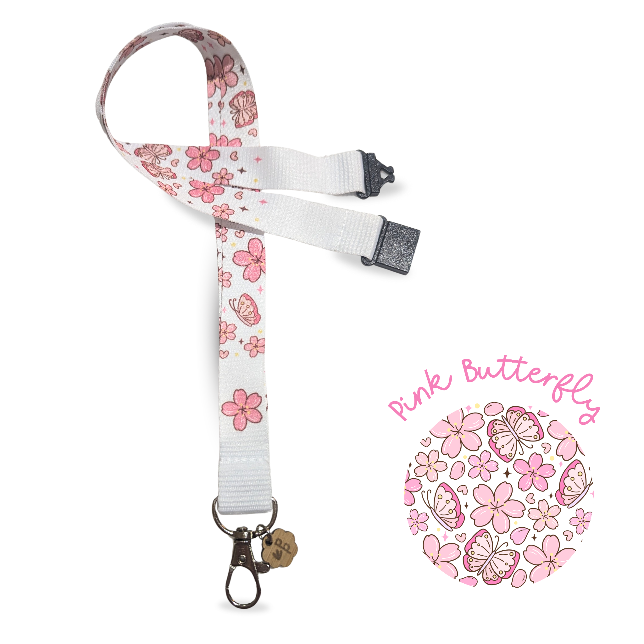 Lanyard with pink butterfly design on a white background