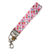 Pink gingham fabric wristlet with cherry pattern, handmade and perfect for keychains or small gifts.