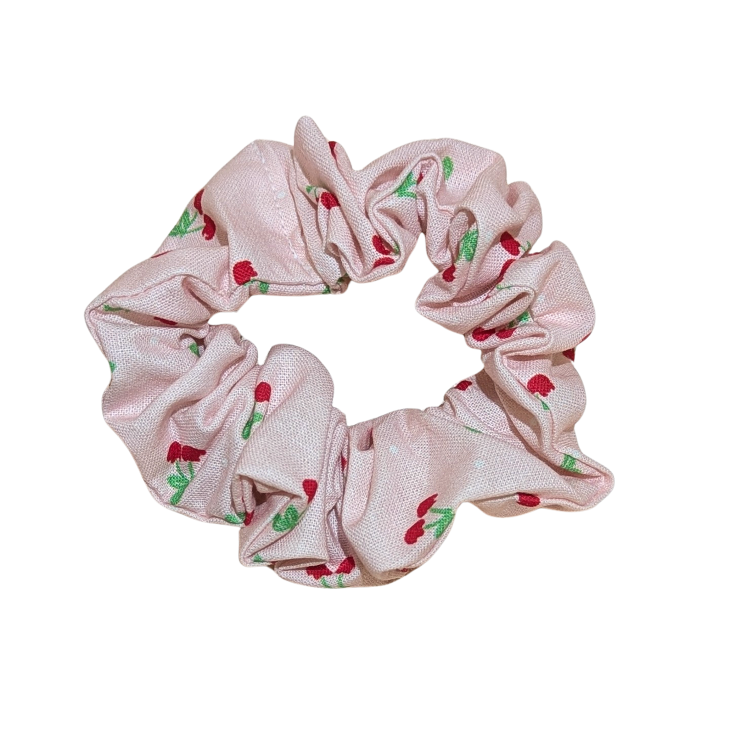 Handmade pink scrunchie with red cherry print and green leaves