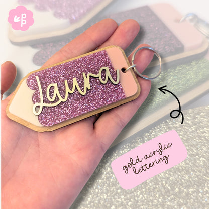Pink glitter personalised name keyring with gold acrylic lettering and bamboo backing, handmade teacher accessory