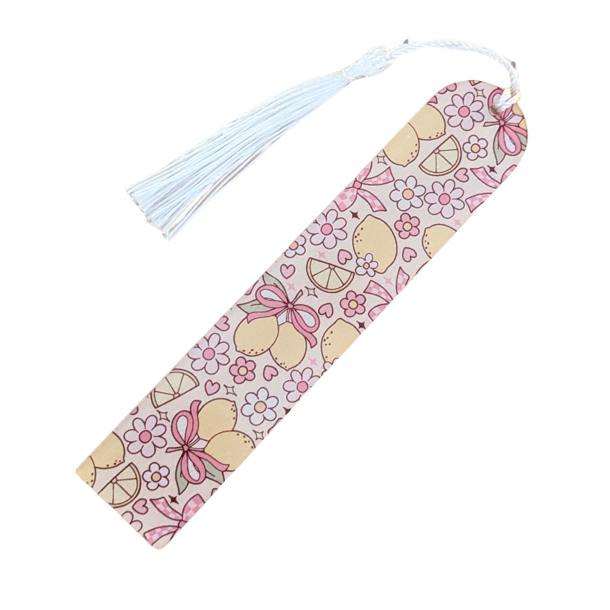 Handmade acrylic bookmark featuring cute pink lemon and bow design with white tassel.