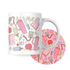 Teacher desk essentials mug and coaster set featuring pink tumblers, notebooks, and apples — a cute classroom design in pastel colours by Priority Play.